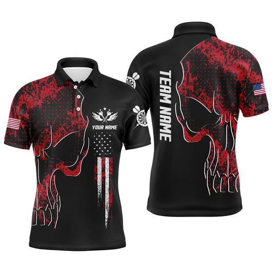FUNSTUFFPRINT  Red Grunge Camo American Flag Skull Darts Mens Polo Shirt Patriotic Dart  Polo Shirt Size S-5XL