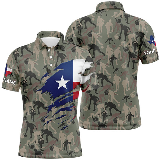 FUNSTUFFPRINT  Texas Flag Bowling camo Shirts For Men Bowling Team League Jersey Custom patriot Bowling   Polo Shirt Size S-5XL