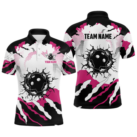 FUNSTUFFPRINT Personalized pink and white camo bowling polo shirts for men, custom team men's bowling   Polo Shirt Size S-5XL
