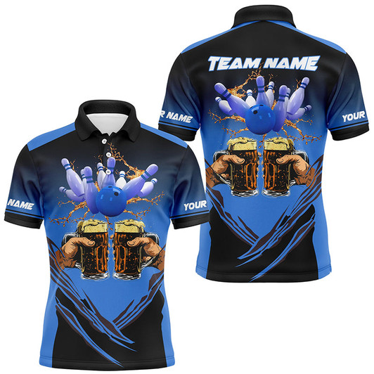 FUNSTUFFPRINT  Bowling Beer Black and Blue Bowling   Polo Shirt Size S-5XL