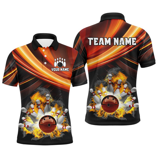 FUNSTUFFPRINT  Personalized Black and Orange Smoke Flame Bowling   Polo Shirt Size S-5XL