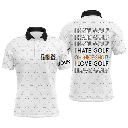 FUNSTUFFPRINT  Funny Men golf polo shirts I hate golf nice shot I love golf custom white pattern golf  Polo Shirt Size S-5XL