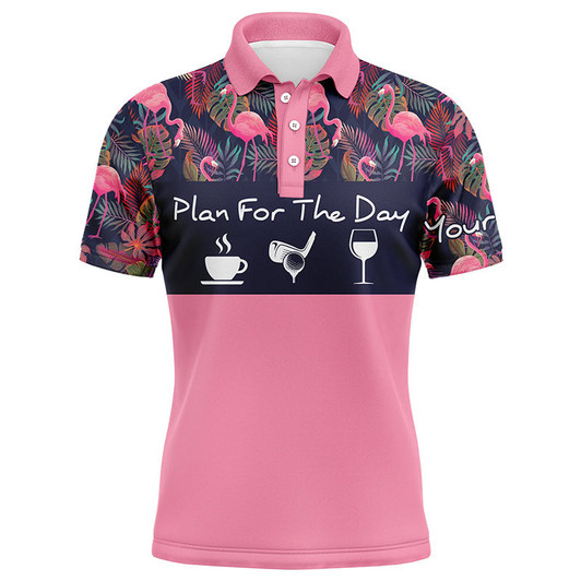 FUNSTUFFPRINT Mens golf polo shirt plan for the day coffee golf wine custom pink flamingo and palm leaves golf   Polo Shirt Size S-5XL