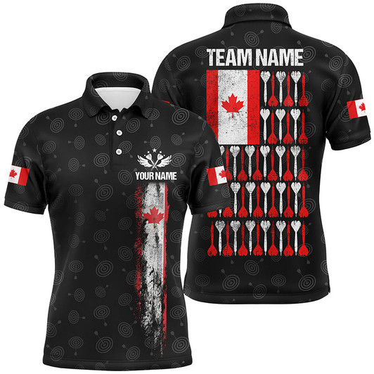 FUNSTUFFPRINT Retro Canada Flag Black Darts Men Polo Shirt Custom Patriotic Darts   Polo Shirt Size S-5XL
