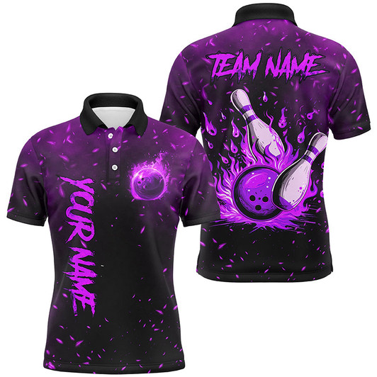 FUNSTUFFPRINT  Purple Flame Bowling Jerseys For Men Custom Bowling Polo, Quarter-Zip Shirt for Team, Gift for Bowler  Polo Shirt Size S-5XL