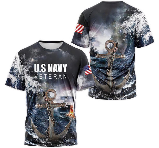 FUNSTUFFPRINT Personalized T-Shirt, Hoodie - Us Navy Veteran Anchor Wave 2 3D Printed 3D T-shirt