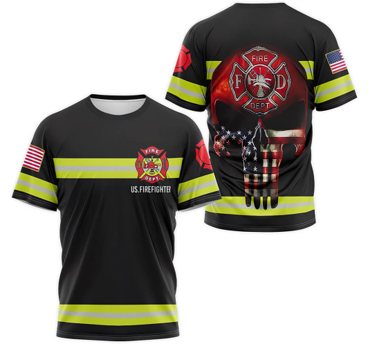 FUNSTUFFPRINT Personalized T-Shirt, Hoodie - Skull American Flag Firefighter Costume 3D Printed 3D T-shirt