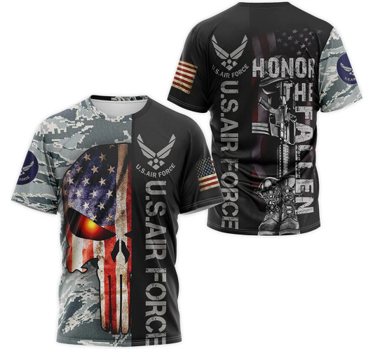 FUNSTUFFPRINT Personalized T-Shirt, Hoodie - Us Air Force Honor The Fallen Skull Camo American Flag 3D Printed 3D T-shirt