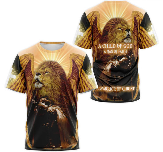 FUNSTUFFPRINT Personalized T-Shirt, Hoodie - Christian Jesus Lion A Child Of God A Man Of Faith A Warrior Of Christ 3D Printed 3D T-shirt