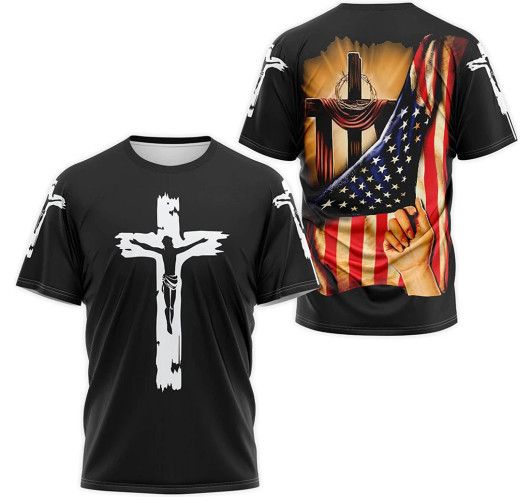 FUNSTUFFPRINT Personalized T-Shirt, Hoodie - Christian Jesus Cross American Flag 3D Printed 3D T-shirt