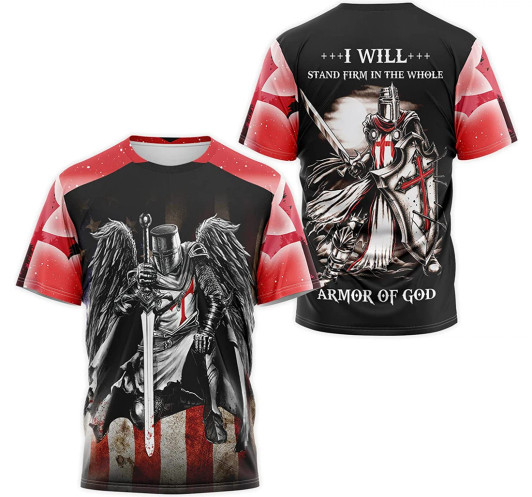 FUNSTUFFPRINT Personalized T-Shirt, Hoodie - Templar Knights Jesus I Will Stand Firm In The Whole Armor Of God 3D Printed 3D T-shirt
