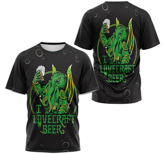 FUNSTUFFPRINT Personalized T-Shirt, Hoodie - Green Cthu.lhu I Love.craft Beer 3D Printed 3D T-shirt