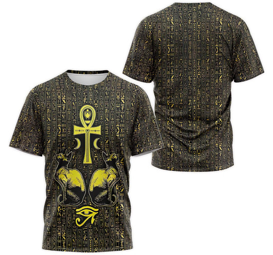 FUNSTUFFPRINT Personalized T-Shirt, Hoodie - Ancient Egyptian Hieroglyphic Pattern Ankh Cruz Bastet 3D Printed 3D T-shirt