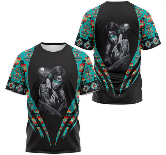 FUNSTUFFPRINT Personalized T-Shirt, Hoodie - Native American Girl Dreamcatcher Geometric Aztec Tribal Seamless Pattern 3D Printed 3D T-shirt