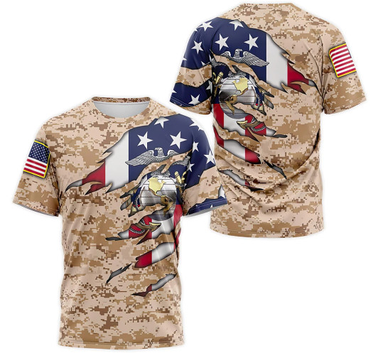 FUNSTUFFPRINT Personalized T-Shirt, Hoodie - Us Marine Corps Veteran American Flag Camo 2 3D Printed 3D T-shirt