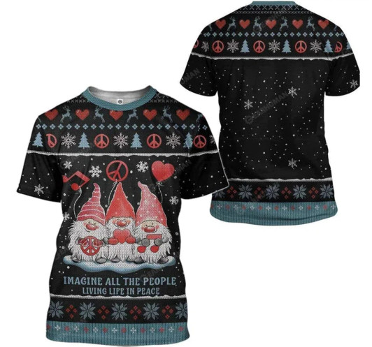 FUNSTUFFPRINT Personalized Gnome Christmas Imagine All The People Living Life In Peace Gnomes Christmas - 3D Printed T-shirt 3D T-shirt