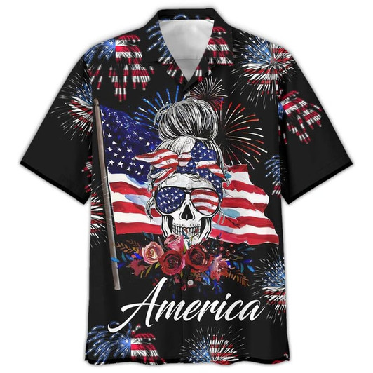 Happy Independence Day United States All Over Printed 3D Shirts, Mom Skull Flag USA Hawaiian Shirt