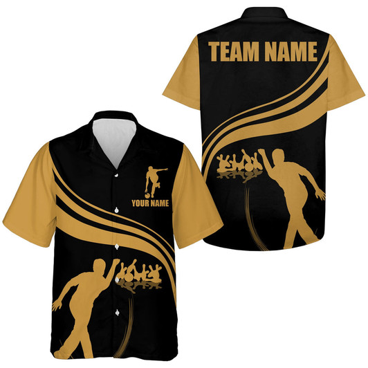 Custom Personalized Hawaiian Bowling Shirt Black and Gold Bowlers Custom Team Bowling Hawaiian Shirt
