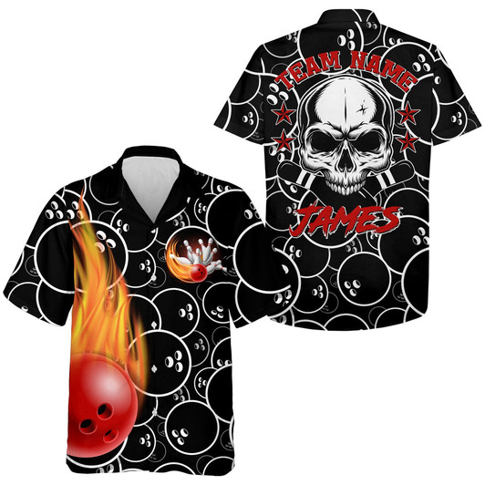 Custom Personalized Flame Hawaiian Bowling Shirt, Men Women Skull Pins Black Bowlers