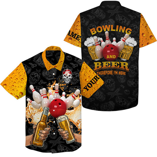 Custom Funny Bowling Beer Skull Hawaiian Bowling Shirts Custom Name Bowling And Beer Therefore I'M Here