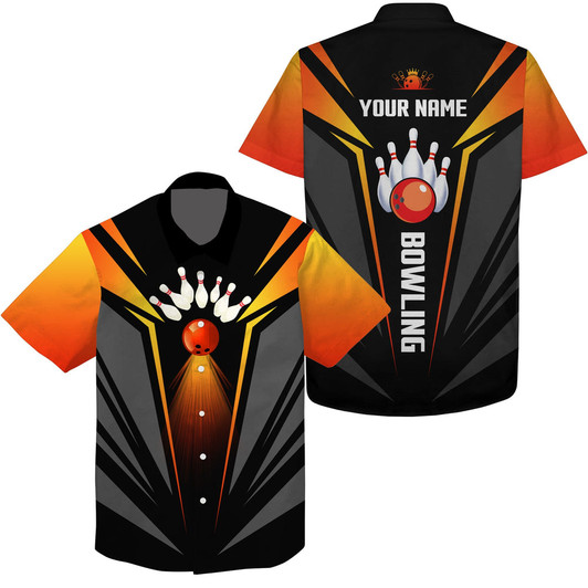 Custom Hawaiian Bowling Shirts Bowling Ball And Pins Team Shirt, Black Orange Bowl Shirts