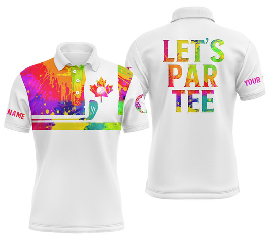 FUNSTUFFPRINT Mens golf polo shirt watercolor Canadian flag patriot golf custom name Let’s Par Tee white golf    Polo Shirt Size S-5XL