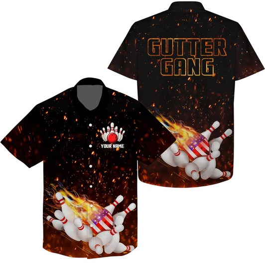 Custom Personalized Flame American Flag Bowling Hawaiian Shirt Custom Gutter Gang Team Bowling Shirts