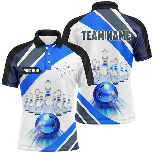 FUNSTUFFPRINT Blue Light Bowling Polo, Quarter Zip Shirt for men Custom Bowling ball and pins Team  Polo Shirt Size S-5XL
