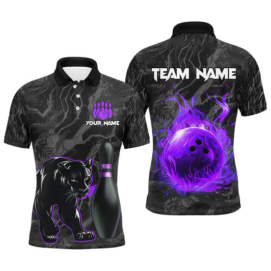 FUNSTUFFPRINT   Black Camo Panther Purple Flame Bowling  Polo Shirt Size S-5XL