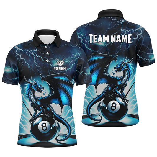 FUNSTUFFPRINT Blue Lightning Thunder Dragon 8 Ball Pool Men Polo Shirts Custom Billiard Team League   Polo Shirt Size S-5XL