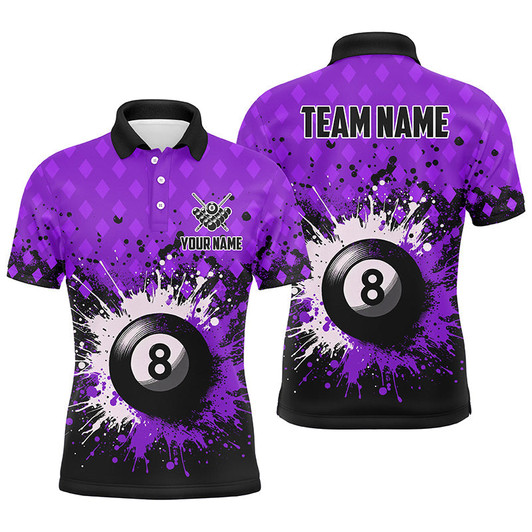 FUNSTUFFPRINT Personalized Purple Grunge 8 Ball Pool Men Billiards   Polo Shirt Size S-5XL