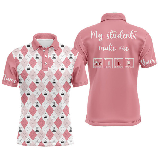 FUNSTUFFPRINT Science Pink Argyle Pattern, My Students Make Me Smile Men  Polo Shirt Size S-5XL