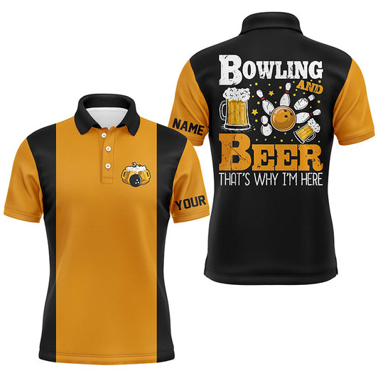 FUNSTUFFPRINT Black and yellow Retro bowling Polo shirts for men custom bowling and beer that's why I'm here  Polo Shirt Size S-5XL