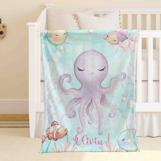 FUNSTUFFPRINT Custom  Little Octopus Blanket Personalized Ocean Animal Nursery Blanket Sea Animal Kids Custom Name Blanket Ocean Baby Shower Gift Christmas Throw