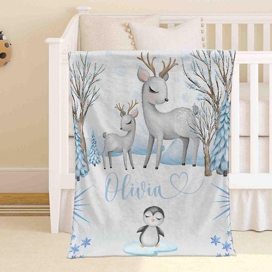 FUNSTUFFPRINT Custom  Winter Animals Blanket Woodland Snow Animal Nursery Blanket Custom Name Throw Personalized Newborn Gift Kids Custom Blanket Gift for New Mom