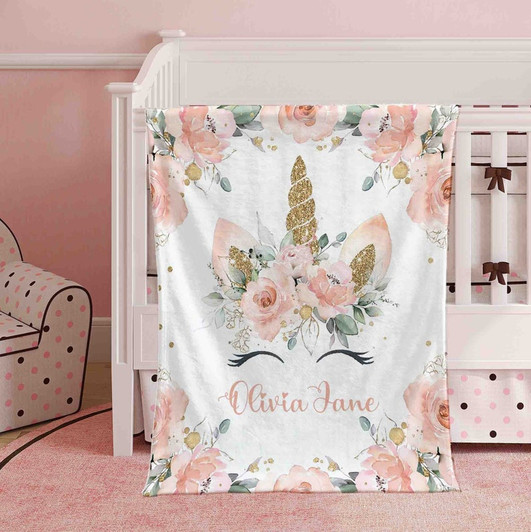 FUNSTUFFPRINT Custom  Floral Unicorn Baby Blanket Personalized Christmas Nursery Blanket Kids Custom Name Blanket Pink Flowers Baby Shower Gift For Girls