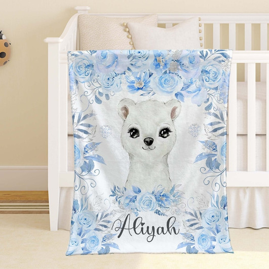 FUNSTUFFPRINT Custom  Polar Bear Baby Blanket Personalized Baby Bear Blanket Arctic Animal Nursery Blanket Kids Custom Name Blanket Winter Floral Baby Shower Gift