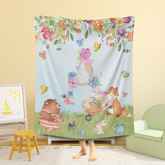FUNSTUFFPRINT Custom  Floral Alphabet Blanket, Farm Animal Baby Blanket, Spring Flowers Nursery Blanket, Personalized Baby Shower Gift, Kids Birthday Present