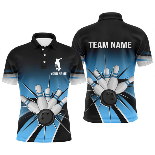 FUNSTUFFPRINT  Black&Blue Bowling Polo Shirt Vintage Custom Bowling Jersey For Men   Polo Shirt Size S-5XL
