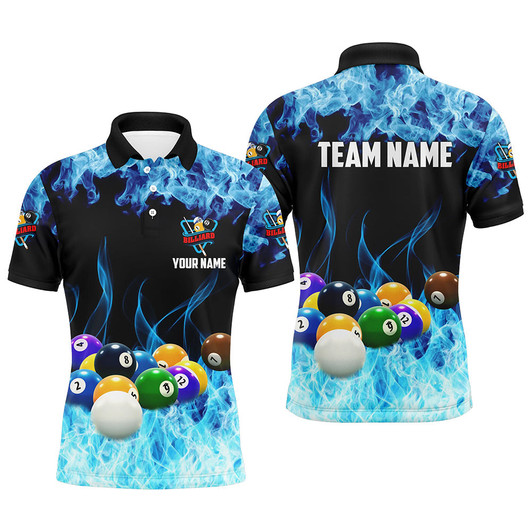 FUNSTUFFPRINT  Billiard Balls On Blue Smoke Personalized Name Men's Billiard Shirts Custom  Polo Shirt Size S-5XL
