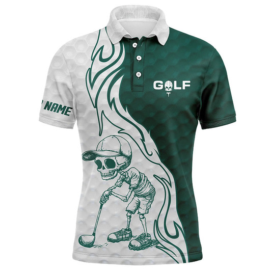 FUNSTUFFPRINT Green and white Mens golf polo shirt custom name golf skull shirts, golfing apparel gift for mens   Polo Shirt Size S-5XL