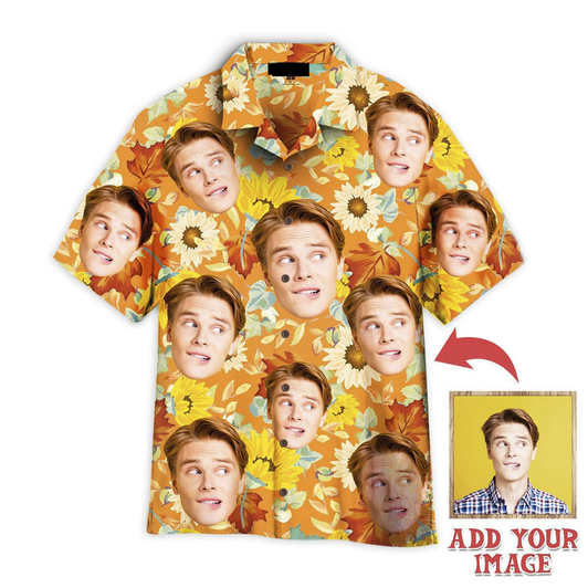 Custom Face On Orange Sunflowers Custom Hawaiian Shirt, Personalized Hawaiian Shirts, Custom Photo Hawaiian Shirt