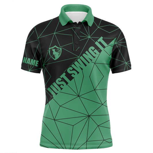 FUNSTUFFPRINT  Mens golf polos shirts Just swing it custom name green geometric pattern golf shirts for men  Polo Shirt Size S-5XL