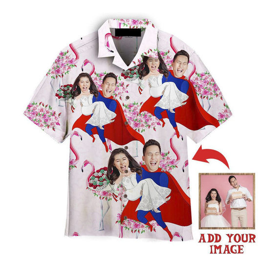 Custom Funny Custom Face Beautiful Happy Wedding Couple Pink Flamingo Custom Hawaiian Shirt, Personalized Hawaiian Shirts, Custom Photo Hawaiian Shirt