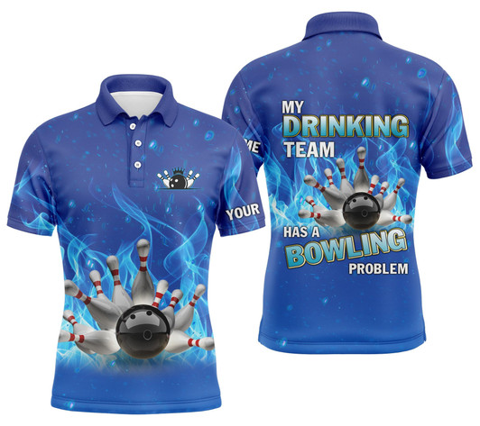 FUNSTUFFPRINT  Personalized Men Bowling Polo Shirt blue Flame Bowling Ball and Pins, My drinking team bowling problem  Polo Shirt Size S-5XL