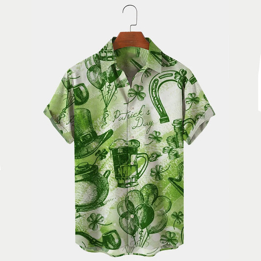 St. Patrick's Men's Hawaiian Shirts Clover Oversized Stretch Easy Care Aloha Shirts, St. Patrick's Day gifts