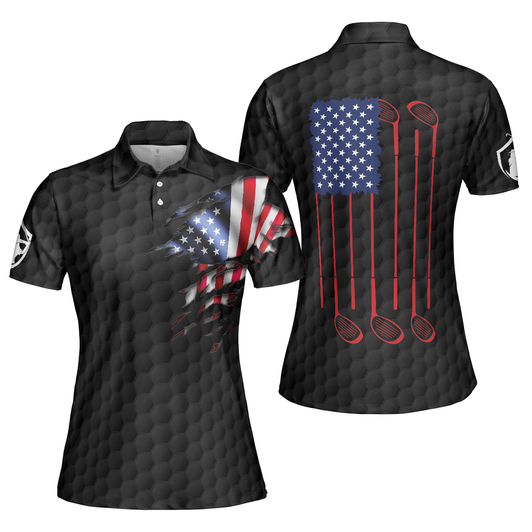 American Women Golfer Black Version Golf Short Sleeve Women Polo Shirt, American Flag Ladies Golf Shirt, Gift For Golfers