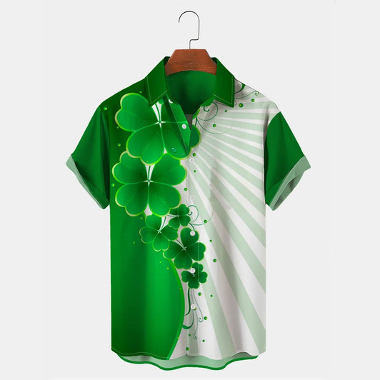 Casual Stripe Panel St. Patrick's Clover Hawaiian Men's Short Sleeve Shirt