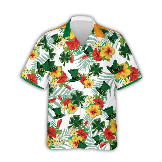Tropical Hibiscus St Patrick's Day Hawaiian Shirt Irish Shamrock 3D