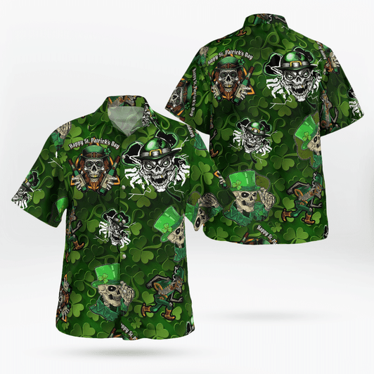 St. Patrick's Day Skulls Skeletons With Green Hat And Four Leaf Vlover Hawaii Shirt - Gift For Irish
